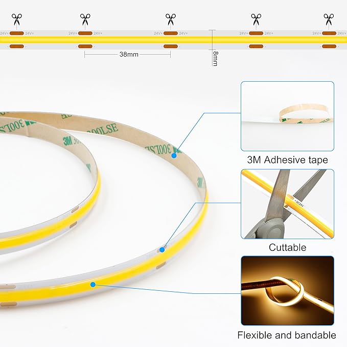 COB LED Strip Lights with RF Remote, 24V 32.8ft Warm White Dimmable LED Light Strips, High Bright 3000K LED Lights with Power Supply for Room, Kitchen, DIY Home Decoration