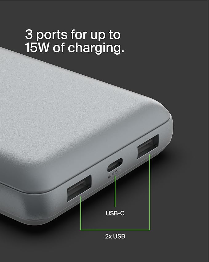 Belkin Portable Charger, USB C Power Bank 20000 mAh w/ 2 USB-A Ports, 15W w/A to C Cable for iPhone 17, Air, Pro, Pro Max, Samsung Galaxy S25, iPad, Nintendo Switch 2, Google Pixel 10, etc. - Gray