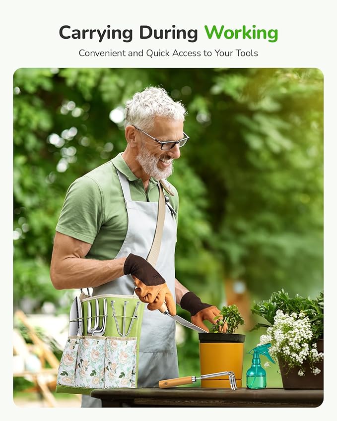 All-in-One Garden Tool Set, 11-Piece Heavy Duty Gardening Tools with Ergonomic Canvas Shoulder Crossbody Bag, Rust-Proof Premium Garden Tool Kit, Gardening Gift for Women Men, Green, GR003