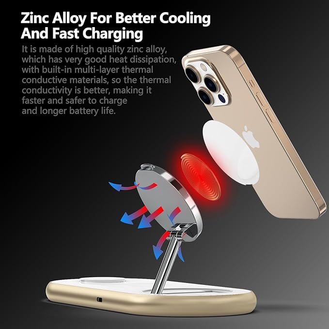 2025 Upgraded 3 in 1 Charging Station for Apple Devices, Fast Magnetic Mag-Safe Wireless Charger Stand for iPhone 16/15/14/13/12 Series & Apple Watch 1-9/Ultra & AirPods Pro (Gold)