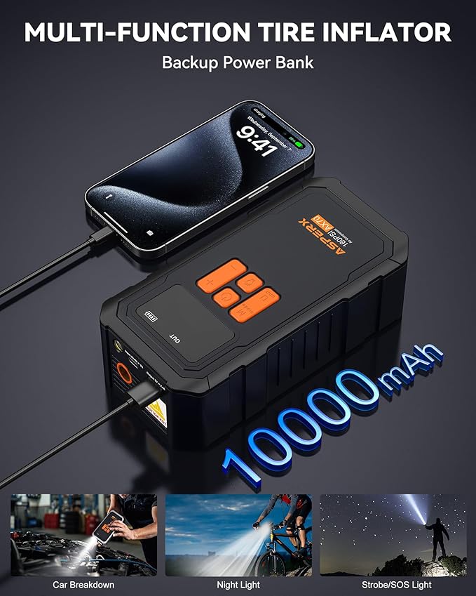 Tire Inflator Portable Air Compressor- 160PSI & 10000mAh Portable Air Pump with Carrying Case, LCD Display & LED Light, 3X Fast Inflation for Car, Bike, Motorcycle, Balls and more(Black)