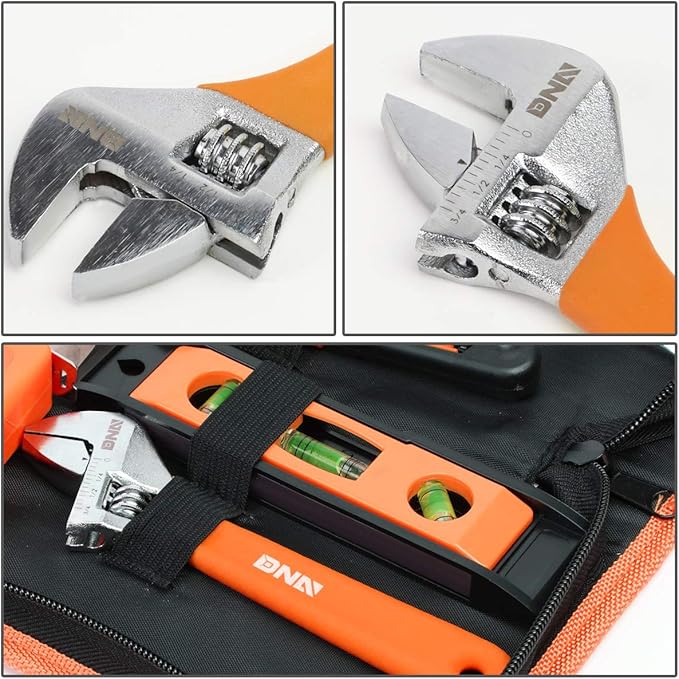 DNA MOTORING 16pcs Mechanic Home Repair Tool Set, Includes Pliers, Wrench, Hex Key, Screwdriver, Spirit Level,Tape Measurer, Mechanic repair set, w/Carrying Case, Orange/Black, TOOLS-00030