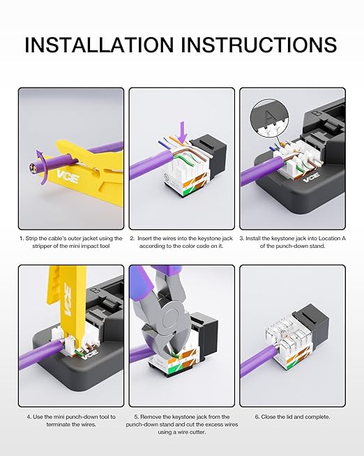 VCE RJ45 Cat6 Keystone Jacks UL Listed 50-Pack, UTP Ethernet Keystone Jacks with Keystone Punch Down Stand Tool and Wire Stripper Cutter, Black