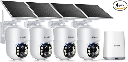 SOLIOM- 5MP Security Cameras Wireless Outdoor, No Subscription,4-Cam Pack, Solar Powered Home Security Camera with 360° Auto Tracking, Pan & Tilt, 3K Color Night Vision,5G & 2.4G Router Compatible