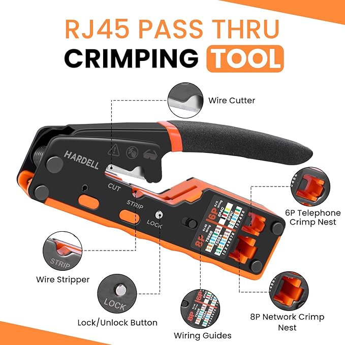 HARDELL RJ45 Crimp Tool, Pass Thru RJ11 Ethernet Crimper for Cat5 Cat6 Connectors, All-in-One 6P 8P Ethernet Crimping Tool Kit With Wiring Diagram, Replacement Blades, Cable Sheath, Tester & Battery