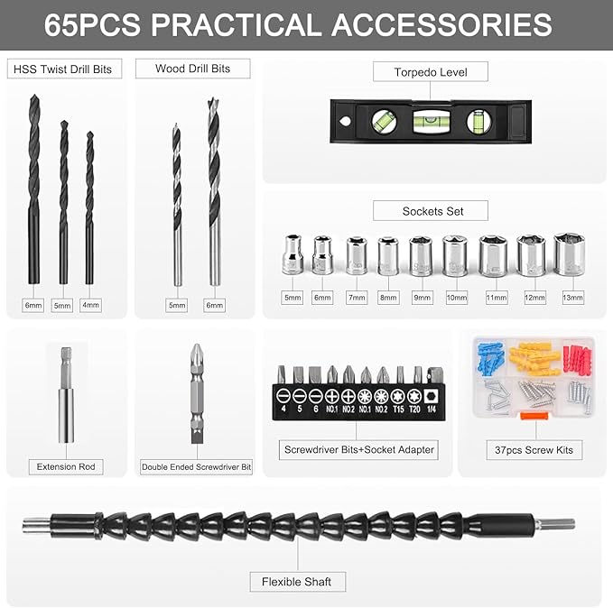 GardenJoy Cordless Power Drill Set: 12V Electric Drill with Battery and Charger, 65pcs Acessories, 3/8"Keyless Chuck, 2 Variable Speed, 24+1 Position, Compact Drill Driver Kit for Home & DIY Project