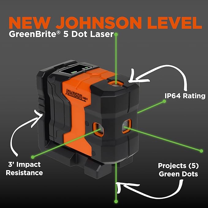 Johnson Level & Tool JDT300-GN5D Laser Level, Self-Leveling Kit 5 Dot Laser with GreenBrite® Technology, Magnetic Base, Hard-shell Carry Case, Floor Mount