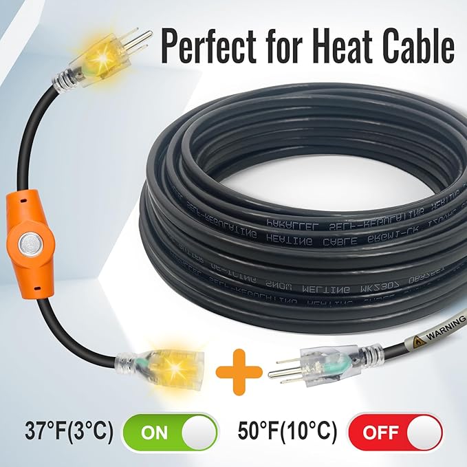 MAXKOSKO 1PC 120V 15A Temperature Controlled Extension Cord, Heat Cable Controller, Thermostatically Controlled Outlet Auto On/Off Below 37°F/Over 50°F, 20" Cord for Covered Outdoor Outlets