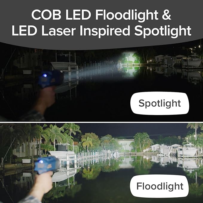 Mega-Bright Rechargeable Spotlight, AS-SEEN-ON-TV, Tactical & Emergency Flashlight, 10 Modes, Turbo Boost Up to 100%, Built-in Kickstand & Phone Charger, for Camping, Emergencies, Walking