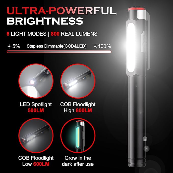 Pen Light Flashlight, 800 Lumens LED Pen Flashlights Rechargeable 6 Modes COB Magnetic Flashlight with Clip Bright Pocket Flashlights Work Light Portable Waterproof Durable Penlight for Nurse
