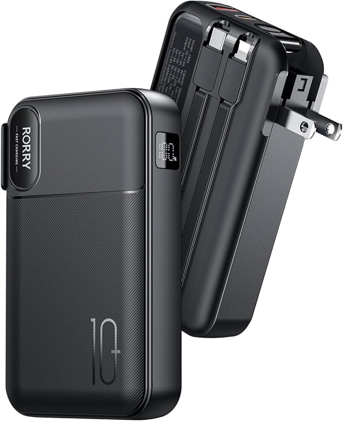 RORRY Portable Charger Built in Cables, AC Wall Plug In Portable Charger Power Bank 10000mAh Travel Battery Pack 22.5W Fast Charging for iPhone 16/15/14 Samsung Galaxy S24/S23/S22 Pixel LG iPad, Black