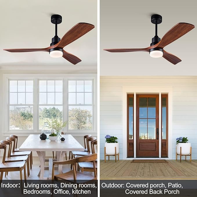 52 Inch Ceiling Fan with Lights Remote Control, 3 Blade wood ceiling fan,Quiet DC Motor Mordern Ceiling Fan, Indoor Outdoor Ceiliang Fans for Patios Bedroom Living Room