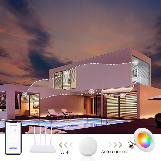 Peteme E26 Retrofit LED Recessed Lighting 4 Inch, IC Rated ETL Certified Smart Can Light Baffle Trim Style, RGBCW Dimmable Color Changing Soffit Downlight Compatible with Alexa/Google, 800LM, 6 Pack