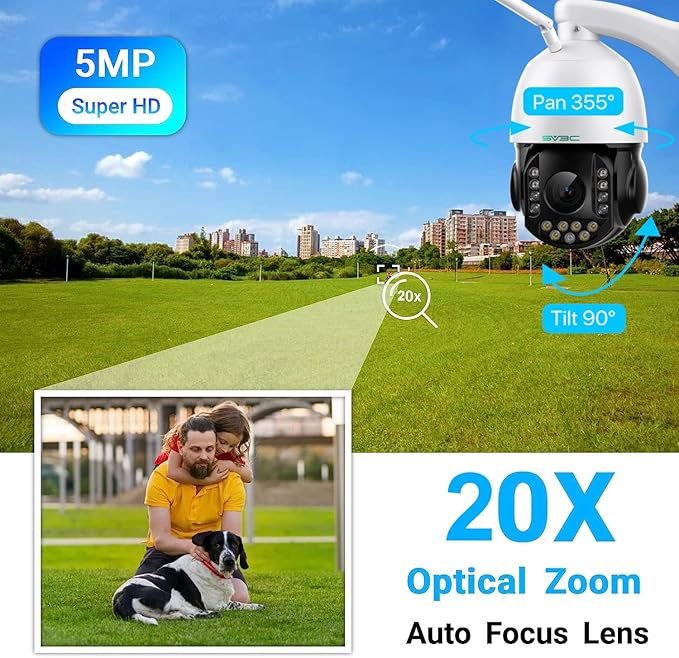 SV3C 5MP PTZ Outdoor Security IP Camera with 20X Optical Zoom, Dual-Band WiFi, Human Detection, 2-Way Audio, Floodlight Color Night Vision, Full Metal Housing, Support ONVIF/RTSP, SD Card Recording
