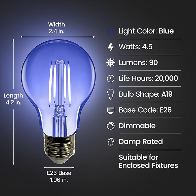 Feit Electric A19/TB/LED/6 25W Equivalent Dimmable Clear Glass Filament Colored LED Light Bulbs, Blue, 6-Pack, 2.4" D x 4" H