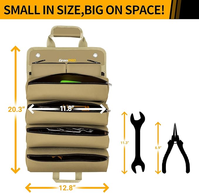 Premium Tool Bag Roll Up, Tool Roll Portable Foldable Tool Storage with 2 Detachable Pouches, Soft Rollable Tool Pouch for Mechanics, Electricians, DIY, Gifts for Dad, Men Birthday Gift, Khaki