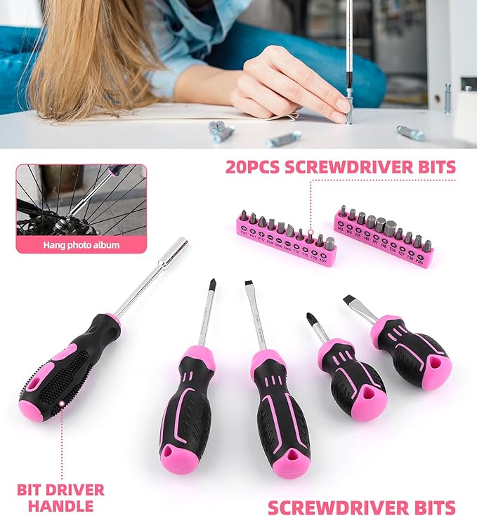 DOWELL 123-Piece Pink Home Repair Tool Kit for Women & Girls - All-in-One DIY Toolkit with Ergonomic Handles, Durable Toolbox, Non-Slip Grips | Perfect Gift for Wives, Moms, Crafters