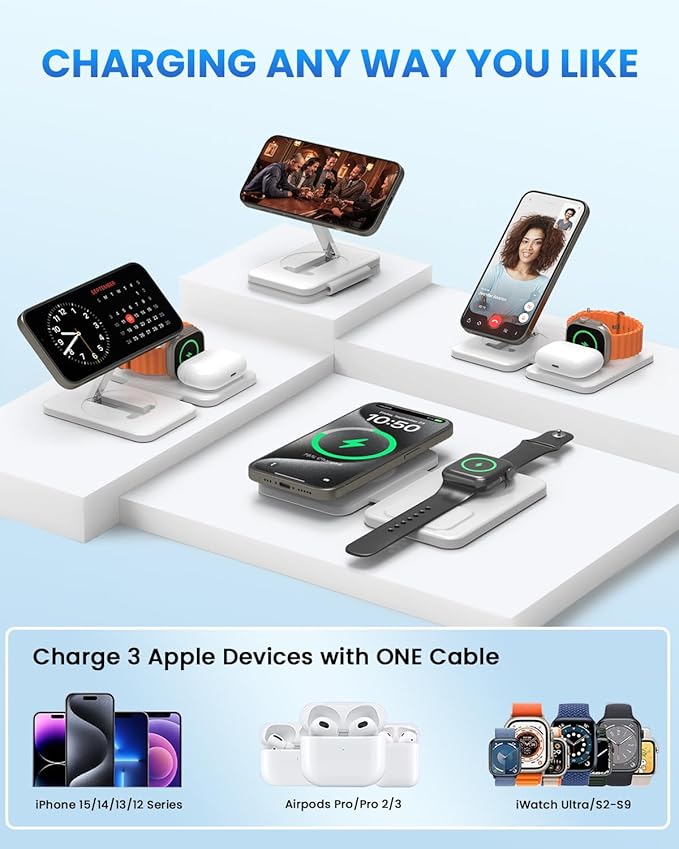 Wireless Charging Station for Mag-Safe Charger: JoyGeek Fast Wireless Charger Pad for iPhone 16/15/14/13/12 Series -Travel Stand for Apple Watch 10-2 - Air-Pods 4/3/2/Pro