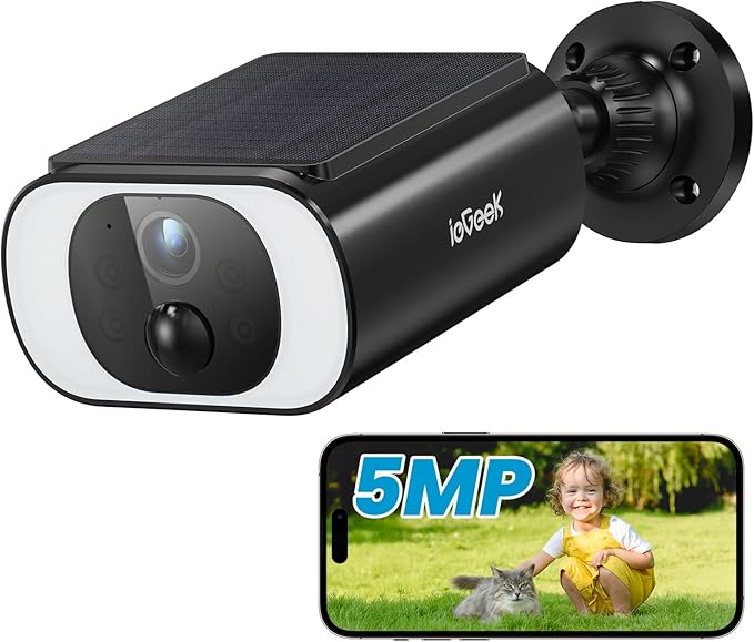 ieGeek S1 5MP Solar Camera Outdoor Wireless, 2.4Ghz WiFi Battery Powered Cameras System for Home Security with Embedded Solar Panel, AI Motion Detection, Smart Spotlight & Alarm, Color Night Vision