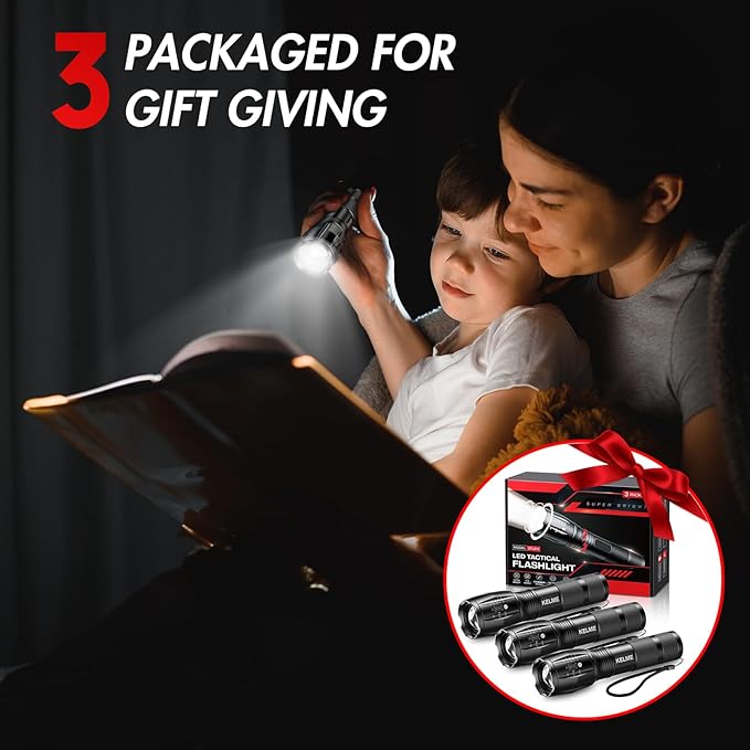 KELME 3 Pack Flashlights High Lumens, Powerful Tactical Flashlights with 5 Modes, Zoomable Small LED Flashlight Waterproof Handheld Flash Light for Home Emergencies Camping Hiking (Battery Included)