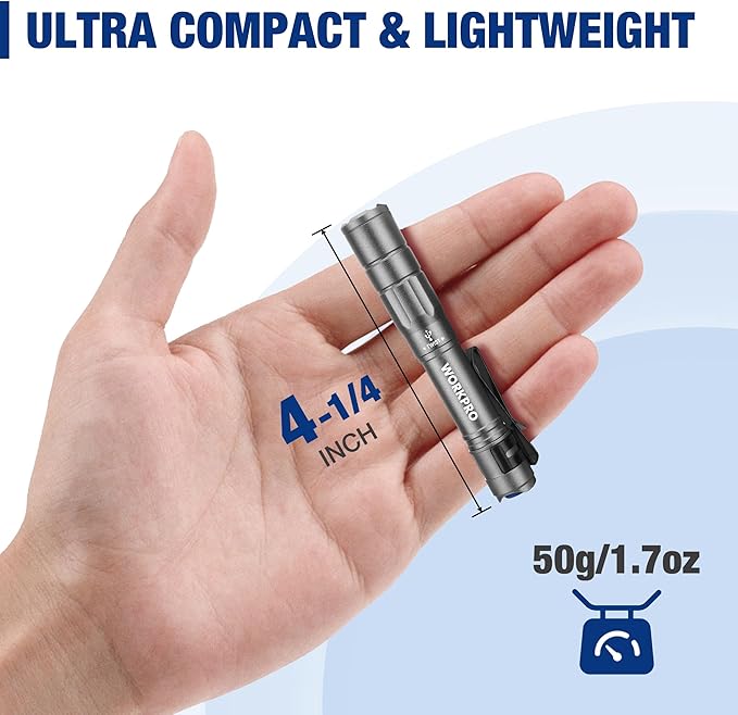 WORKPRO Rechargeable Pen Light, Mini Flashlight, 2 Pack Ultra-Compact EDC Flashlight, Pocket Flashlight with Clip, Memory Function and 2 x USB C Cable Included, Gray