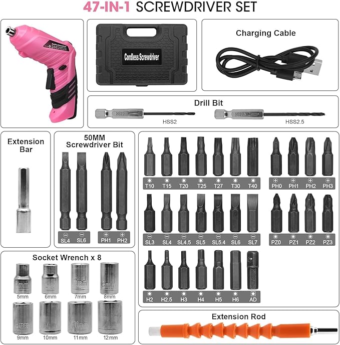 MQFORU Cordless Power Screwdriver Electric screwdrivers Rechargeable Set, Battery Powered Screwdriver Kit Including 47pcs Bits, Pivoting Handle and LED Lights Small Drills Cordless