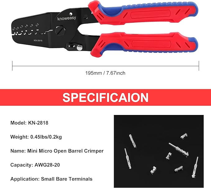 Knoweasy JST Crimper and Micro Open Barrel Crimping Tool - Works on AWG28-20 (0.08-0.5mm²) JAM, Molex, Tyco, JST Terminals and Connectors for FPV, Drone Servo Medel KN-2818