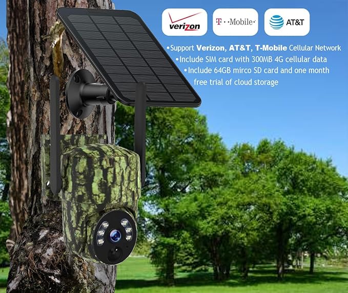 2K Camouflage 4G/5G LTE Cellular SIM Card (Verizon/AT&T/T-Mobile) Solar Wireless Game Trail Camera, PTZ Live View, PIR AI Motion Detection, Fast Trigger Time, Night Vision, Free 64G Micro SD