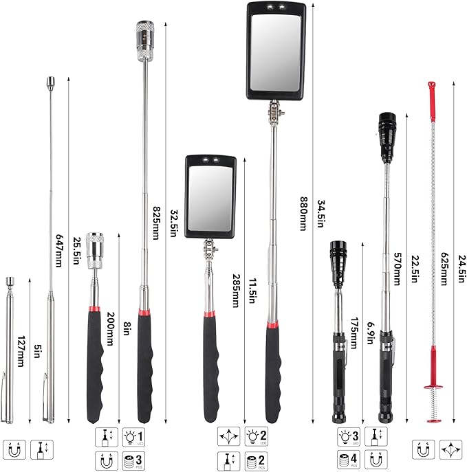 5-Piece Magnetic Pickup Tool Kit - Great Gift for Mechanics - Auto Repair & DIY - Find Nuts/Bolts/Screws - Includes 1lb & 10lb Telescoping Magnets - 360°Mirror & LED Light for Workshop Use