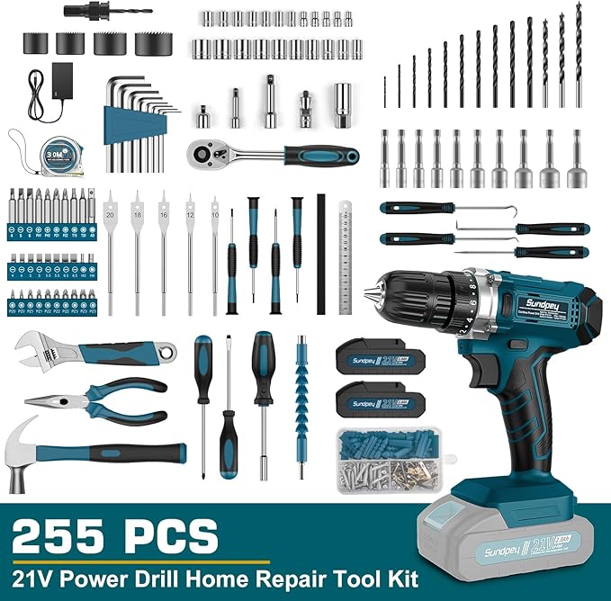 Tool Kit with 21V Cordless Drill - Sundpey 255-PCs Portable Complete General Basic Home and Auto Repair Tool Set with Drawer for Handyman & Diyer & Homeowner - Power Drill with 2 x 2.0Ah Batteries