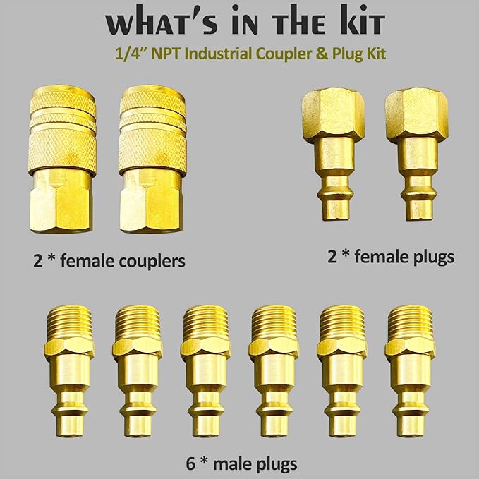 1/4" NPT Solid Brass Air Coupler and Plug Kit,Air Compressor Fittings, Air Compressor Hose Kit, 10pcs Air Line Fittings Quick Connectors