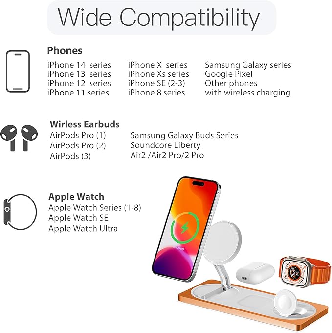 3 in 1 Charging Station for Apple Devices: Used for iPhone and Watch Charging Station with Magsafe Charger Stand, Wireless Charger for iPhone16/15/14/13/12, Apple Watch 1-9/Ultra, AirPods 3 Pro
