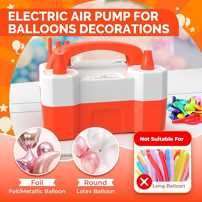 ETENWOLF P400 Balloon Pump Electric for Balloons with 2 Nozzles 110V 550W Balloon Blower for Party Metalic Latex Foil Balloons, Balloon Inflator for Birthday Decorations