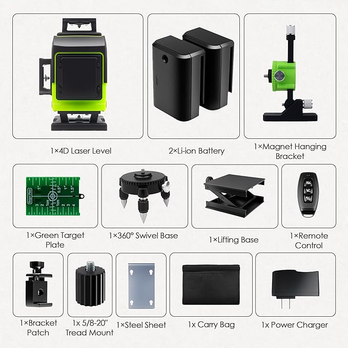 Laser Level 360 Self Leveling Kit, 4D 4x360° Green Cross Line Vertical and Horizontal Line Lazer Leveler, Laser Level Tool for Picture Hanging Construction, Batteries, Magnetic Stand, Carrying Bag