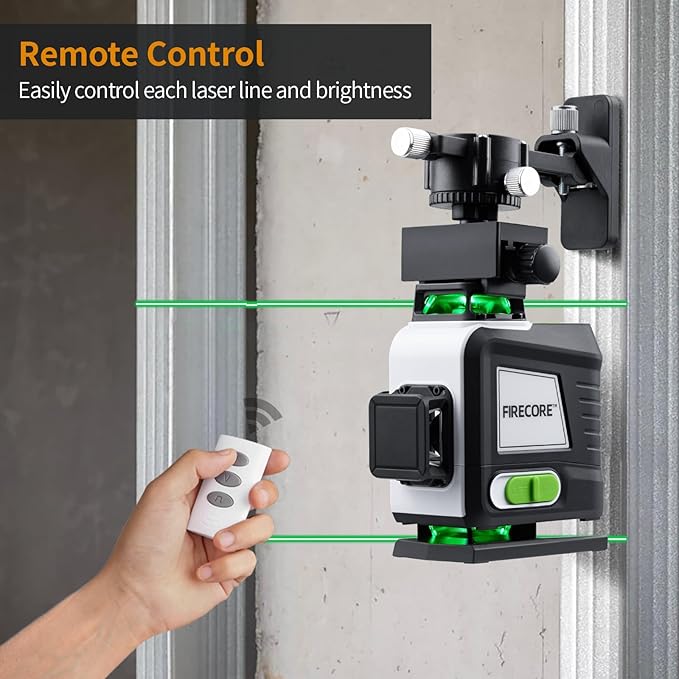 Firecore 4 x 360 Laser Level Self Leveling, 16 Lines Green Beam 4D Cross Line Tiling Floor Tool, 3 Gear Brightness Adjustment/Pulse Mode for Construction, 2 Li-ion Batteries, Remote Control included