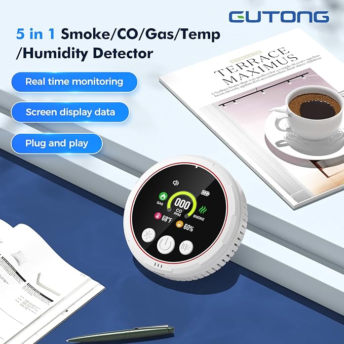 5 in 1 Carbon Monoxide Detectors Plug in, Smoke Detector & Natural Gas Detector/Alarm with Battery Backup, HD Digital Screen for CO, Gas, Smoke, Temp, Humidity - Home Safety for House, RV, Apartment