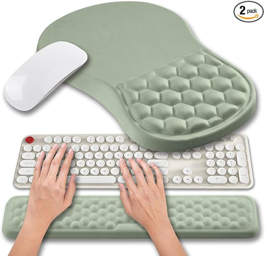 Hokafenle 2 in 1 Ergonomic Mouse Pad Wrist Support & Wrist Rest for Computer Keyboard Set, with Relieve Carpal Tunnel Pain Massage Bulge and Full Memory Gel Design (2In1 Set, Light Green)