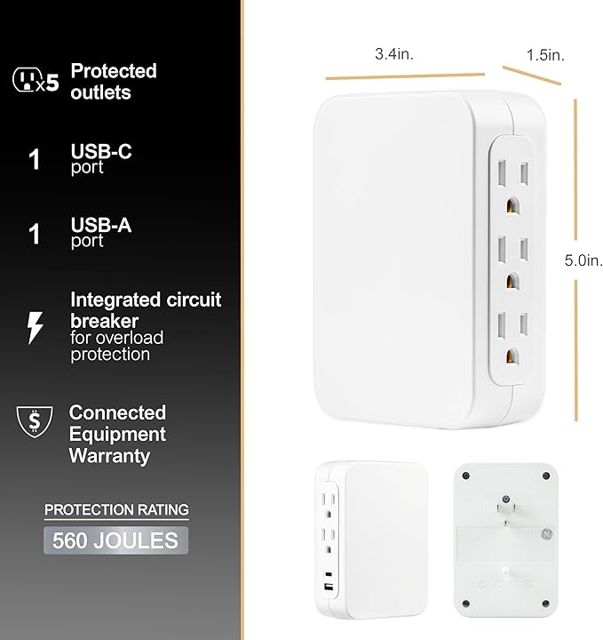 GE USB C 5 Outlet Extender, Side-Access, Wall Tap Surge Protector, Multi-Plug, USB A, 3-Prong, Secure Install, White, 83503