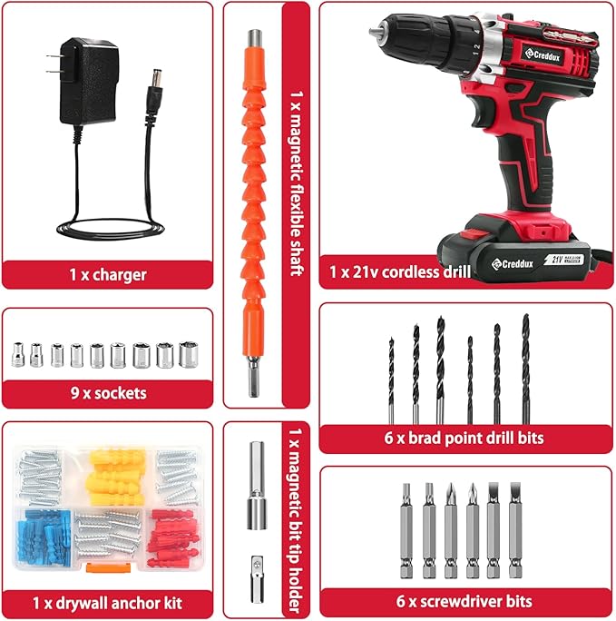 Cordless Drill Set 21v Power Drill Cordless With Battery & Charger, 84pcs Accessories Electric Drills Variable Speed, 3/8" Keyless Chuck, Built-In Level and 2 Driver Red kit