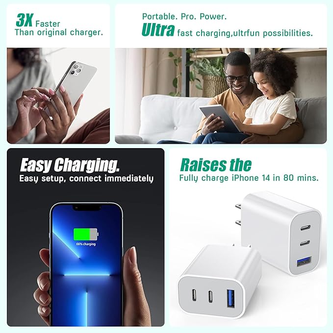35W Fast USB C Charger Block Double Port USB C Charger PD+QC Wall Plug Multiport Block Cube Compatible with iPhone 16/16 Pro/16 Pro Max/16 Plus/iPhone 15/15 Pro/15 Pro Max/14/13/12/X/iPad Pro/Mini/Air