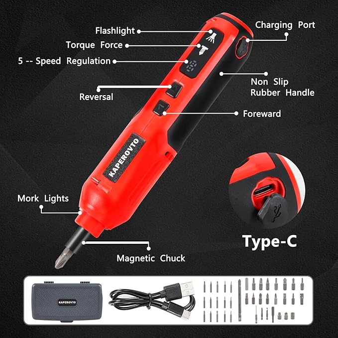Electric Screwdriver Kit, Screwdriver 5 Torque Settings, Cordless electric screwdriver with LED work light, 36 screwdriver bits, 3 sockets, Magnetic Chuck,Color box tool storage set