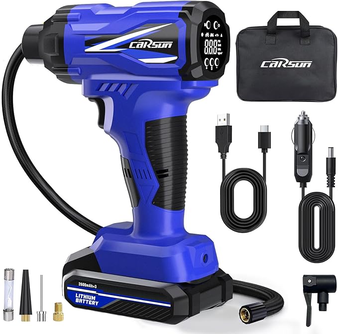CARSUN Tire Inflator Portable Air Compressor, Cordless Car Tire Pump with Rechargeable Li-ion Battery 150PSI Portable Handheld Air Pump with Digital Pressure Gauge for Car Tires, Bicycles, Balls, Blue