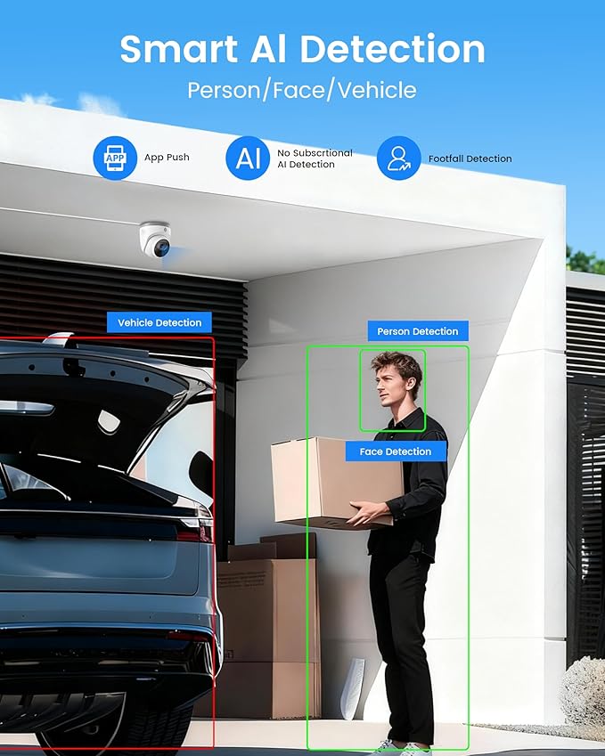 4K PoE Security Camera System, 8CH NVR with 2TB HDD and 4PCS 8MP Wired PoE IP Cameras with AI Human/Vehicle Detection & Instant Alert, 100ft IR Night Vision, 24/7 Recording, 2-Way Audio, IP66