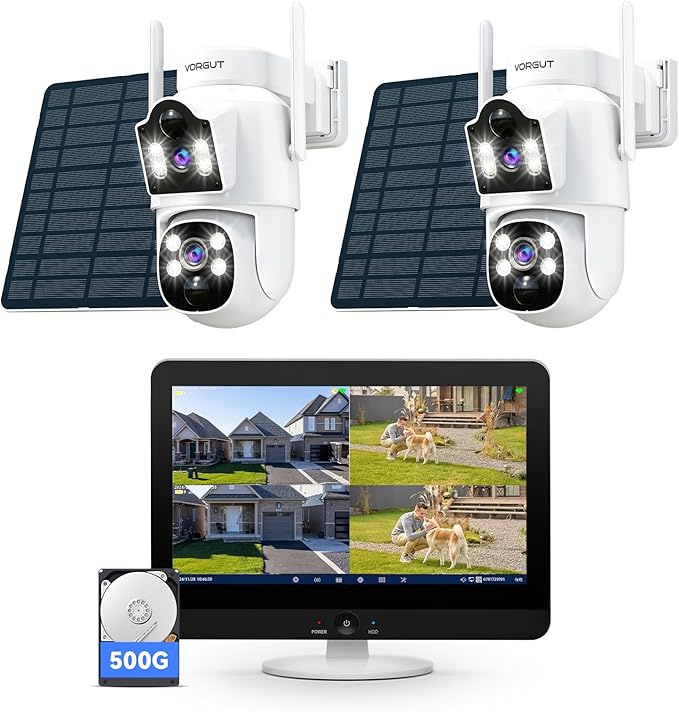 Solar Camera Outdoor Wireless System, 4MP+ 4MP Dual Lens Solar Powered Camera for Home Security with 12'' Monitor 16CH NVR, 360° PTZ, 2.4G/5G WiFi, Human Detection, Color Night Vision, 500G HDD