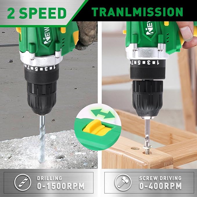 NEWBEAT Power Drill Set - 21V MAX Power Drill Driver, Electric Cordless Drill with Battery and Charger, 3/8" Keyless Chuck, 2 Variable Speed, 25+1 Torque Setting Power Tools for Home and DIY Project