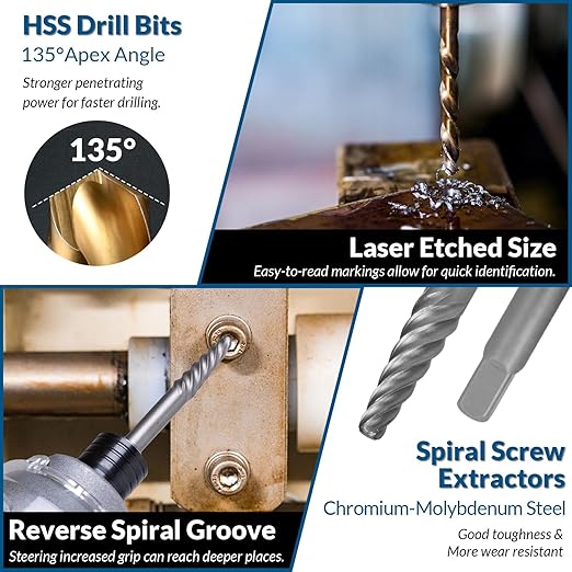 39Pcs Bolt Extractor Set and Drill Bit Kit,Multi-Spline Screw Extractors,Easy Out Broken Lug Nut Extraction Socket Set for Damaged,Frozen,Studs,Rusted,Rounded-Off Bolts,Screws (39-piece)