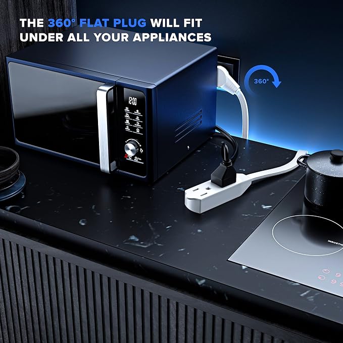 Maximm Cable 20 Ft 360° Rotating Flat Plug Extension Cord/Wire, 16/3 AWG Multi 3 Outlet 3-Prong Grounded Wire- White - UL Certified