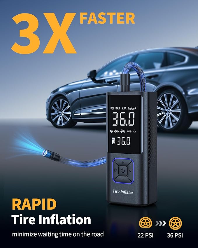 Cordless Tire Inflator Portable Air Compressor - 150PSI Air Pump with Auto Shutoff Function for Car Tires, Inflatables, Motorcycle, Balls, Compact Bike Tire Pump with LED Light, Blue, Large