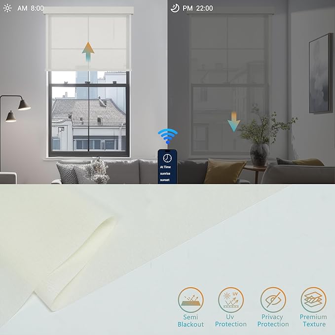 Motorized Blinds with Remote, Light Filtering Smart Roller Blinds Compatible with Apple Homekit Google Home and Alexa, Automatic Window Blinds Customize, Beige