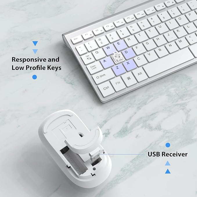 J JOYACCESS Wireless Keyboard and Mouse, Slim Wireless Keyboard Mouse with Numeric Keypad Compatible with iMac Mac PC Laptop Tablet Computer Windows (Silver White)